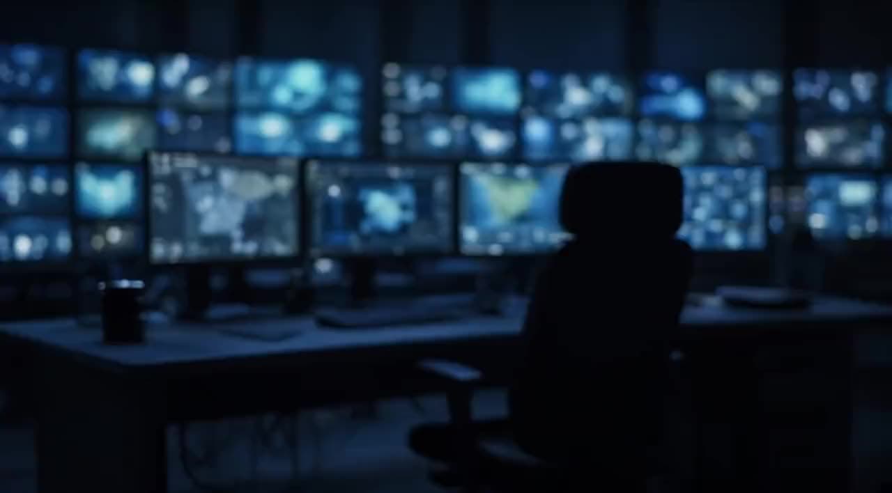 Operador acompanhando várias câmeras de monitoramento em uma central de segurança